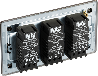 BG Electrical FBN83 Nexus Flatplate Screwless Black Nickel 3 Gang 200W 2 Way Trailing-Edge Push Dimmer Switch