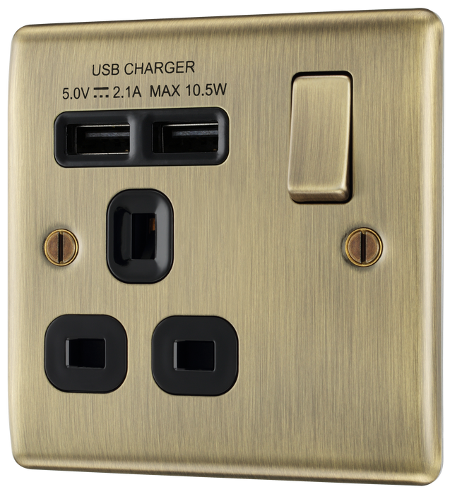 NAB21U2B Front - This 13A single power socket from British General comes with two USB charging ports allowing you to plug in an electrical device and charge mobile devices simultaneously without having to sacrifice a power socket.
