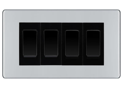 BG Polished Chrome Screwless 4 Gang 20AX 2-Way Switch Custom Grid - Black Insert by British General (BG-SCRL-PC-4G-Combo-4x 2WAY-BL)