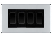 BG Polished Chrome Screwless 4 Gang 20AX 2-Way Switch Custom Grid - Black Insert by British General (BG-SCRL-PC-4G-Combo-4x 2WAY-BL)
