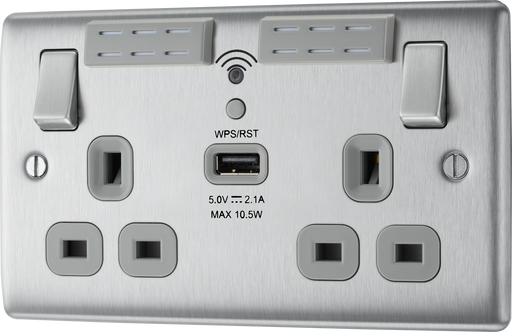 NBS24U44B Front - This 13A double power socket with integrated Wi-Fi Extender from British General will eliminate dead spots and extend your Wi-Fi coverage. Designed to work with all wireless broadband routers and easy to install with one touch WPS this includes a USB charging port.