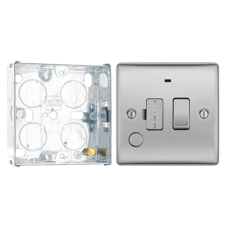 BG Nexus Brushed Steel 13A Switched Spur + Neon + Flex Outlet NBS53 with 25mm Steel Back Box