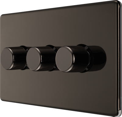 BG Electrical FBN83 Nexus Flatplate Screwless Black Nickel 3 Gang 200W 2 Way Trailing-Edge Push Dimmer Switch