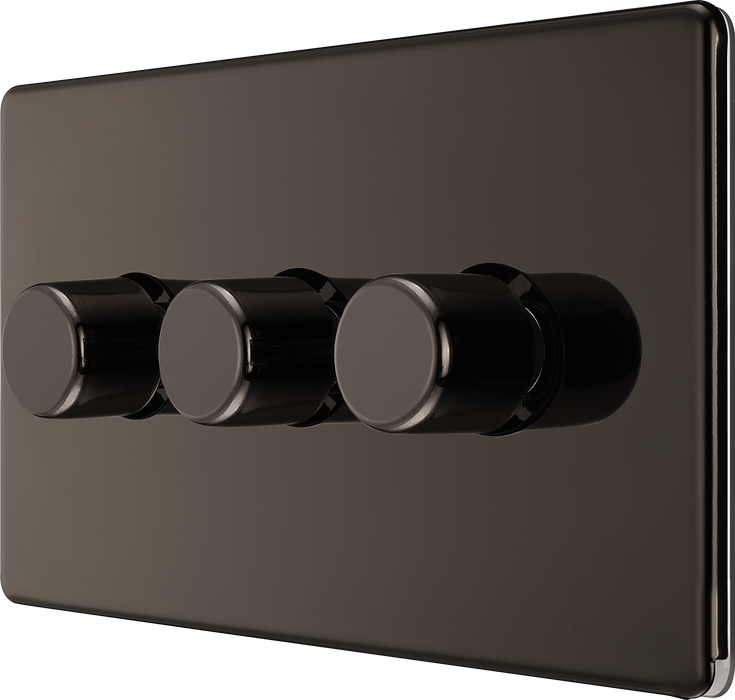 FBN83 Side -This trailing edge triple dimmer switch from British General allows you to control your light levels and set the mood. The intelligent electronic circuit monitors the connected load and provides a soft-start with protection against thermal, current and voltage overload.
