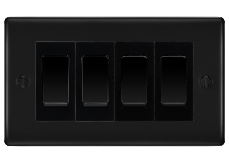 BG Nexus Matt Black 4-Gang Light Switch 1x 2-Way + 3x Intermediate – Grey Inserts
