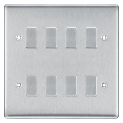 BG Brushed Steel 8 Gang Intermediate Custom Grid Light Switch with Back Box Included by British General (BG-NEXUS-BS-8G-CUSTOM-8x-INT-SWITCH)