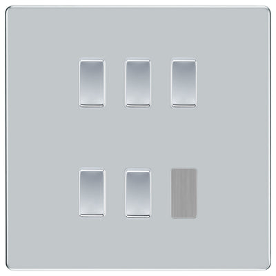 BG Polished Chrome Screwless 5 Gang Intermediate Light Switch Custom Grid Switch with Back Box Included by British General (BG-SCL-PC-5G-CUSTOM-5x-INT-SWITCH)