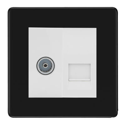 BG Screwless Matt Black TV Aerial & BT Telephone Outlet Plate — White Insert