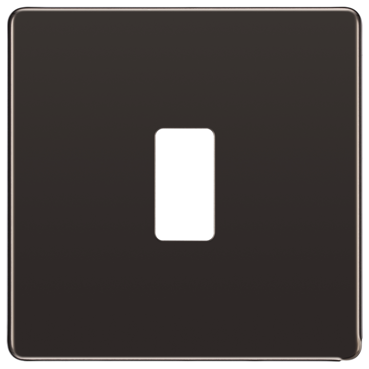 RFBN1 Front - This black nickel finish front plate has a screwless flat clip on front plate for a seamless finish and can accommodate 1 Grid module 