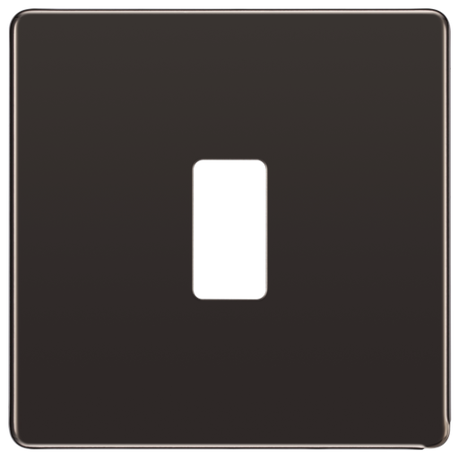 RFBN1 Front - This black nickel finish front plate has a screwless flat clip on front plate for a seamless finish and can accommodate 1 Grid module 