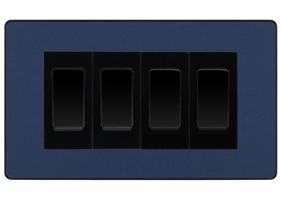 BG Evolve Matt Blue 4 Gang 20AX 2-Way Switch Custom Grid - Black Insert by British General (BG-Evolve-DB-4G-Combo-4x 2WAY-BL)