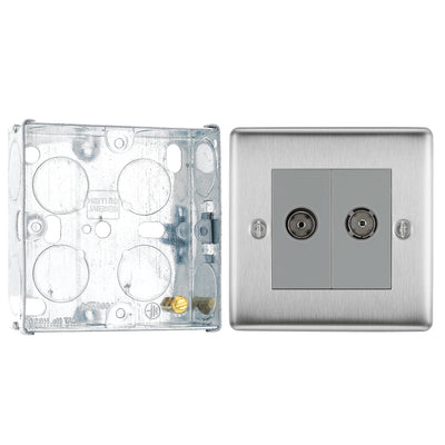 BG Nexus Brushed Steel Double Co-Axial Socket NBS61 with 25mm Steel Back Box by British General (BG-NBS61+HGS02)