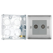 BG Nexus Brushed Steel Double Co-Axial Socket NBS61 with 25mm Steel Back Box by British General (BG-NBS61+HGS02)