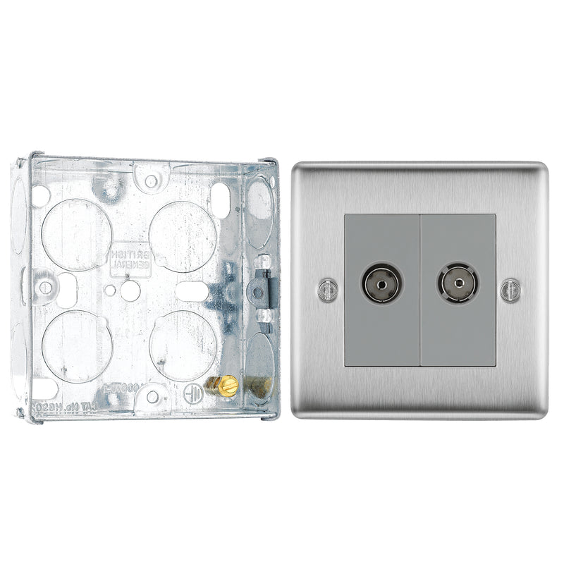 BG Nexus Brushed Steel Double Co-Axial Socket NBS61 with 25mm Steel Back Box