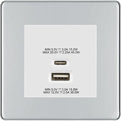 BG Polished Chrome 45W USB Wall Socket Euro Module USB-A & C - White Insert by British General (BG-FPCEMS2+EMUSBAC45W)