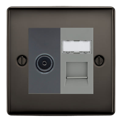 BG Nexus Black Nickel TV Aerial & RJ45 CAT6 Data Socket - Grey Insert