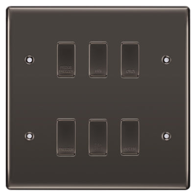 BG Black Nickel 6 Gang Engraved Custom Labelled Appliance Grid Switch by British General (BG-Black-Nickel-Custom-6Gang-Switch)