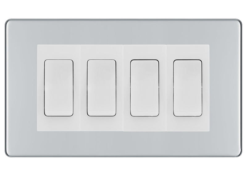 BG Polished Chrome Screwless 4 Gang Intermediate Light Switch Custom Grid - White Insert