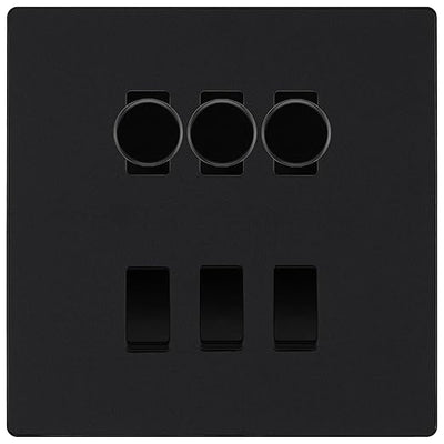 BG Evolve Matt Black 6 Gang Switch 3x Trailing Edge LED Dimmer 3x Intermediate Custom Grid Switch