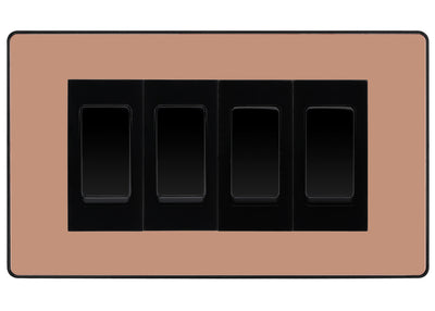 BG Evolve Polished Copper 4 Gang Intermediate Light Switch Custom Grid - Black Insert by British General (BG-Evolve-CP-4G-Combo-4x INT-BL)