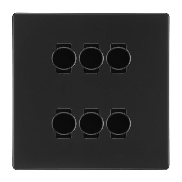 BG Screwless Flatplate Matt Black 6 Gang 2 Way Trailing Edge Dimmer LED Compatible Custom Grid Switch