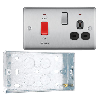 BG Nexus Brushed Steel DP Cooker + Socket + Neon NBS70B with 25mm Steel Back Box by British General (BG-NBS70B+HGS04)
