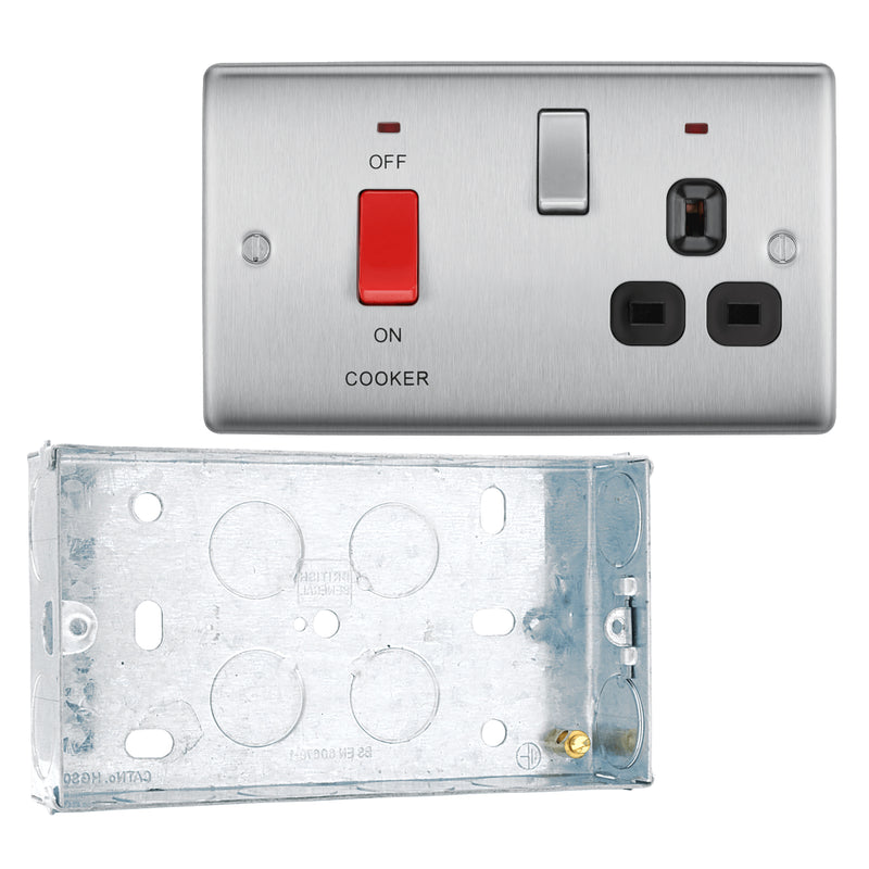 BG Nexus Brushed Steel DP Cooker + Socket + Neon NBS70B with 25mm Steel Back Box