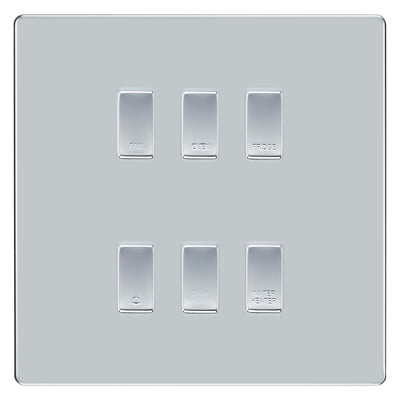 BG Screwless Polished Chrome 6 Gang Engraved Custom Labelled Appliance Grid Switch by British General (BG-SCREWLES-POLISHED-CHROME-CUSTOM-6GANG)