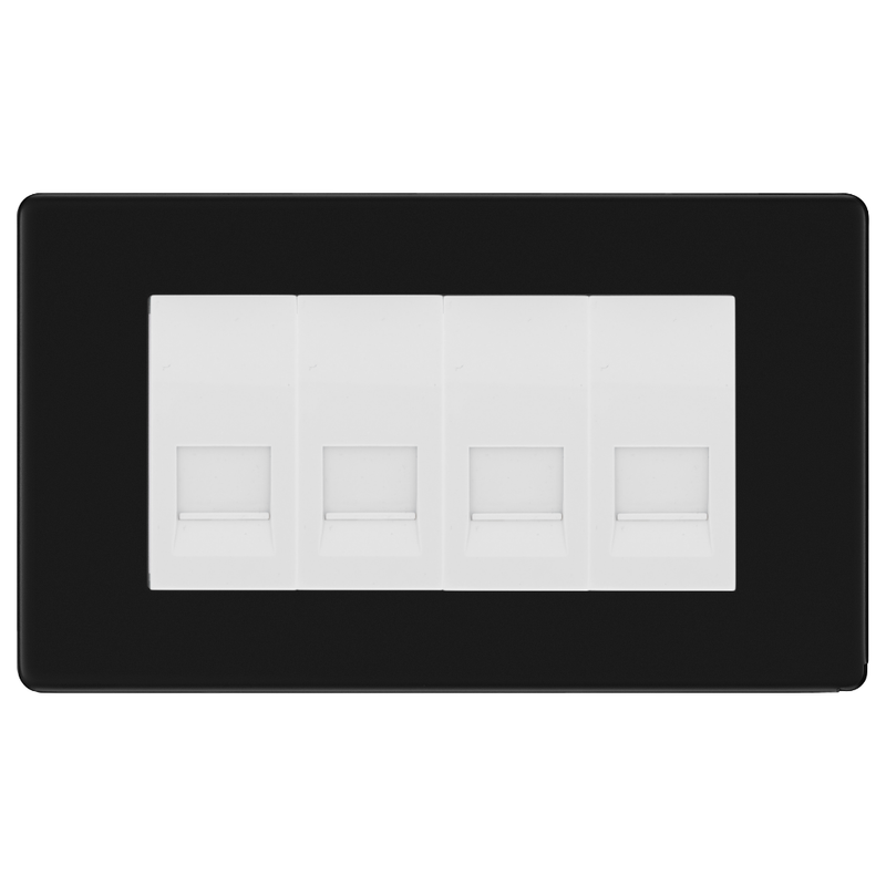BG Screwless Matt Black 4 Gang Secondary Telephone Socket, Screw Terminal - White Insert