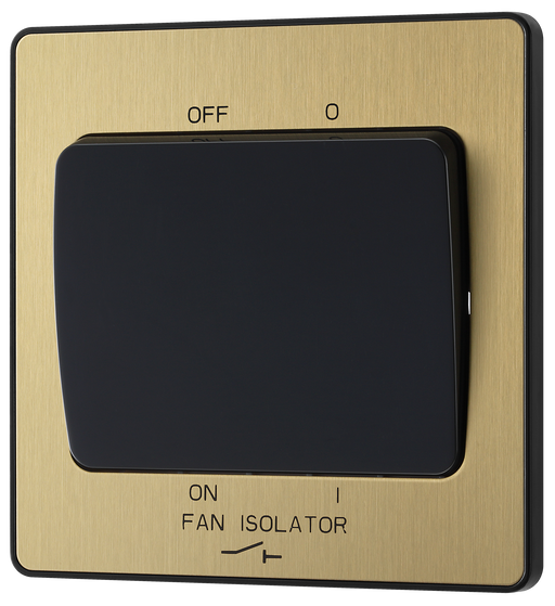 PCDSB15B Front - This Evolve Satin Brass 10A triple pole fan isolator switch from British General provides a safe and simple method of isolating mechanical fan units. This switch has a low profile screwless flat plate that clips on and off, making it ideal for modern interiors.