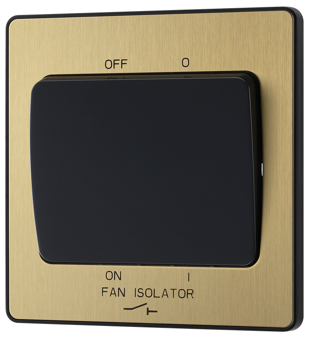 PCDSB15B Front - This Evolve Satin Brass 10A triple pole fan isolator switch from British General provides a safe and simple method of isolating mechanical fan units. This switch has a low profile screwless flat plate that clips on and off, making it ideal for modern interiors.