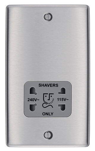 BG NBS20G Metal Brushed Steel 115-230V Dual Voltage Shaver Socket - Grey Insert by British General (BG-NBS20G-Shopify-SA_1)