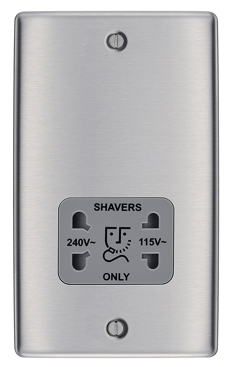 BG NBS20G Metal Brushed Steel 115-230V Dual Voltage Shaver Socket - Grey Insert