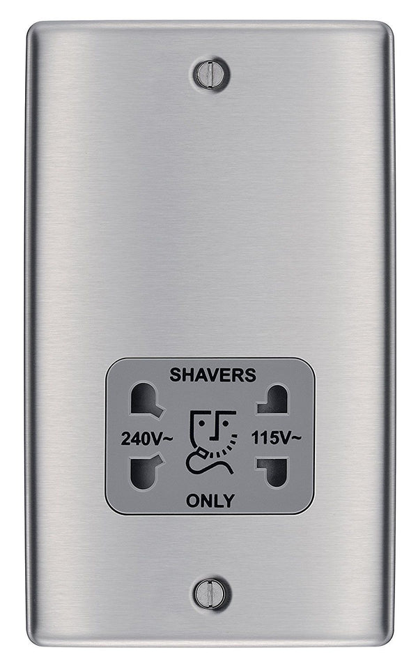 BG NBS20G Metal Brushed Steel 115-230V Dual Voltage Shaver Socket - Grey Insert