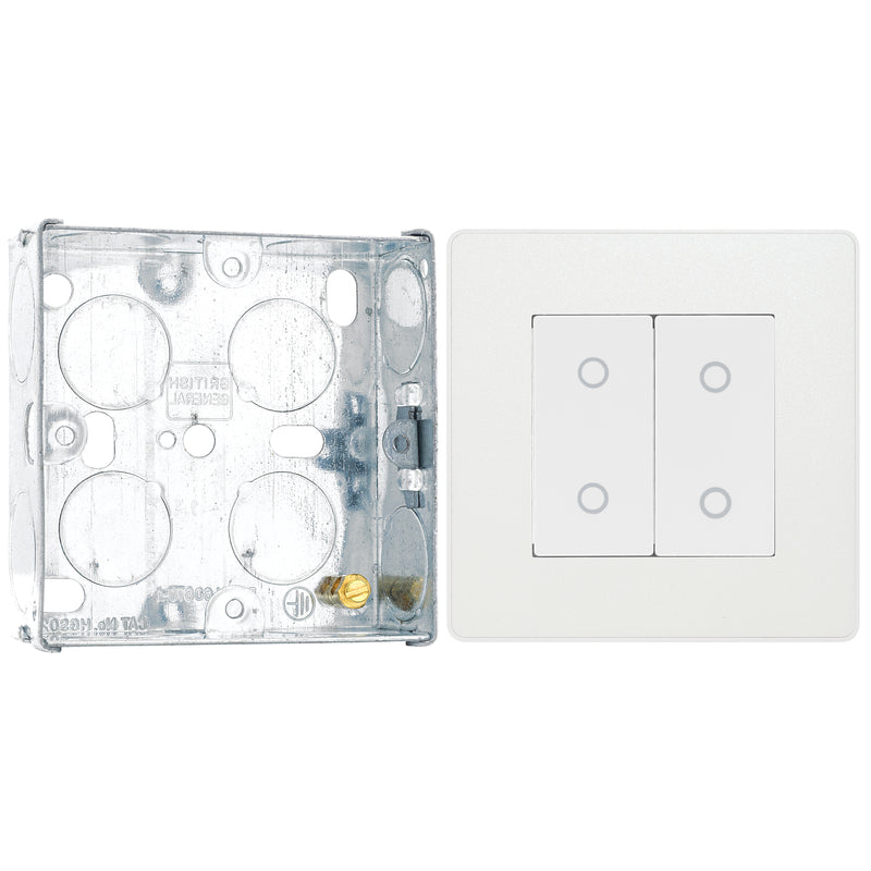BG Evolve Pearlescent White 2 Gang 200W Trailing Edge Master Touch Dimmer PCDCLTDM2W with 25mm Steel Back Box