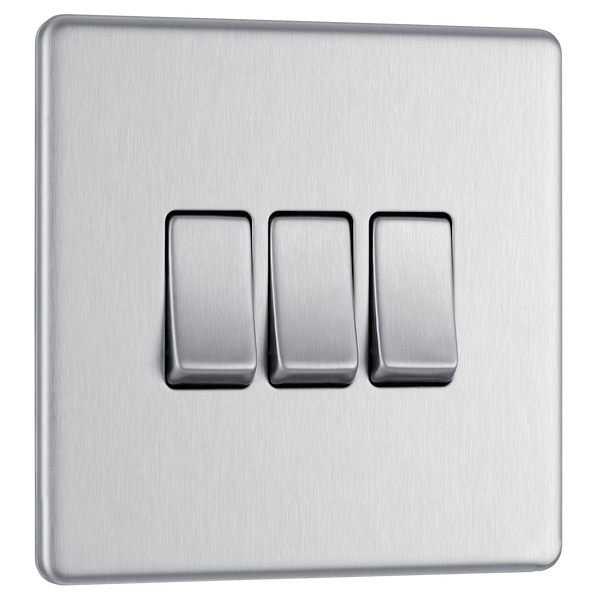 FBS43 Front - This Screwless Flat plate brushed steel finish 20A 16AX triple light switch from British General can operate 3 different lights whilst the 2 way switching allows a second switch to be added to the circuit to operate the same light from another location (e.g. at the top and bottom of the stairs).