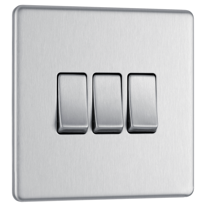 FBS43 Front - This Screwless Flat plate brushed steel finish 20A 16AX triple light switch from British General can operate 3 different lights whilst the 2 way switching allows a second switch to be added to the circuit to operate the same light from another location (e.g. at the top and bottom of the stairs).