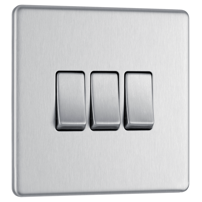 BG FBS43 Nexus Screwless Flat-Plate Triple Light Switch Brushed Steel 2 Way 10A