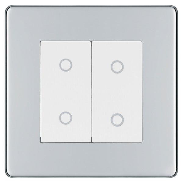 BG Nexus Screwless Polished Chrome Double Secondary Touch Dimmer Switch White Inserts FPCTDS2W