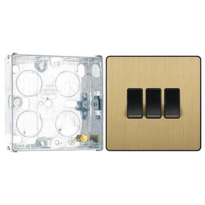 BG Evolve Satin Brass 3 Gang 20A 16AX 2 Way Light Switch PCDSB43B with 25mm Steel Back Box