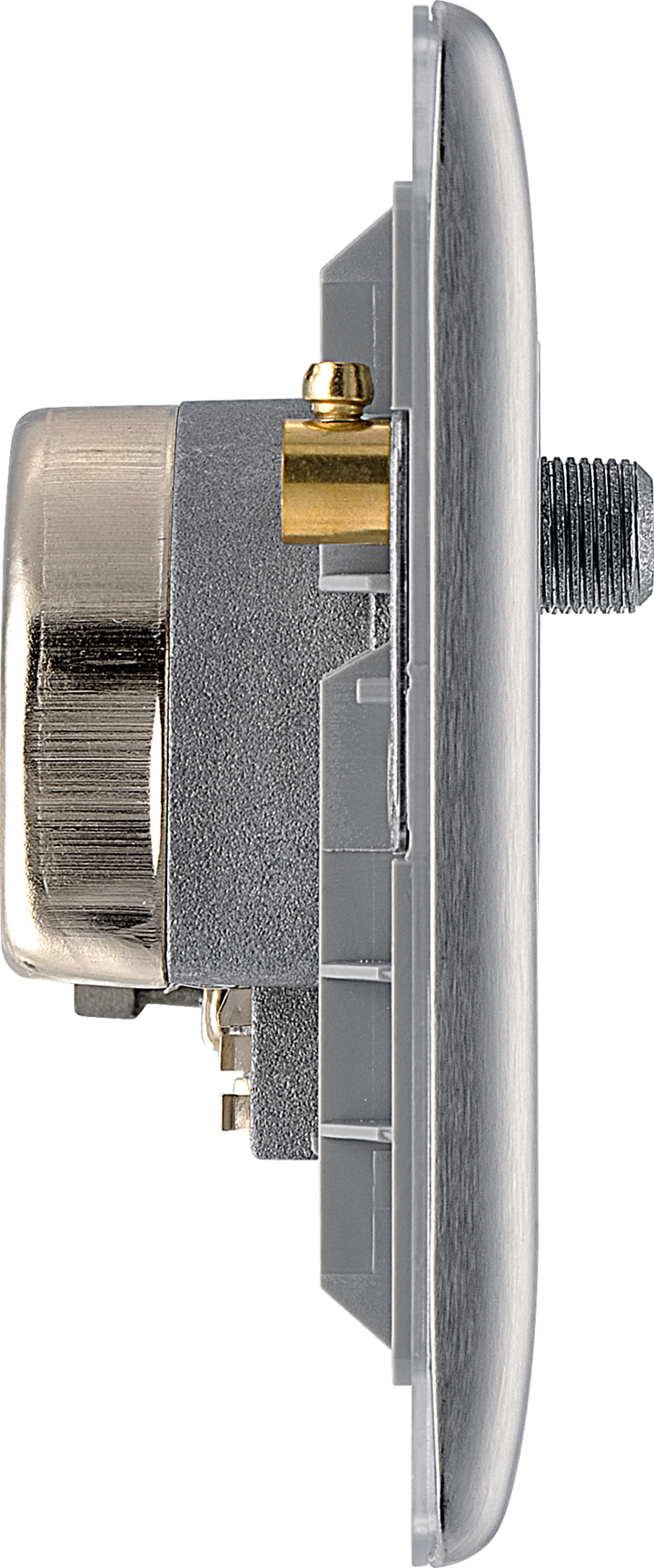 NBS69 Side - This screened Quadplex socket from British General has an outlet for TV FM and 2 satellites, plus a return and shuttered telephone socket.