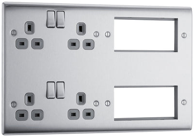 BG NBS222EM8G Nexus Metal 2x 2G Socket 13A + 2x 4 Module Aperture - Grey Insert - Brushed Steel by British General (BG-NBS222EM8G)