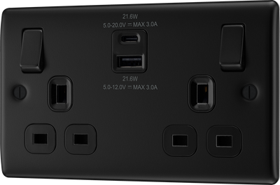 BG Nexus NFB22UAC22B 2 Gang Matt Black Switched Plug Socket 13A - With USB