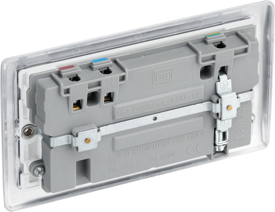 NBS22U3W Back - This 13A double power socket from British General comes with two USB charging ports allowing you to plug in an electrical device and charge mobile devices simultaneously without having to sacrifice a power socket.