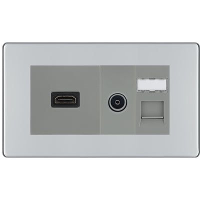BG Screwless Polished Chrome Media Wall Plate TV Aerial, HDMI & CAT6 Outlet – Grey Insert