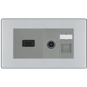 BG Screwless Polished Chrome Media Wall Plate TV Aerial, HDMI & CAT6 Outlet – Grey Insert