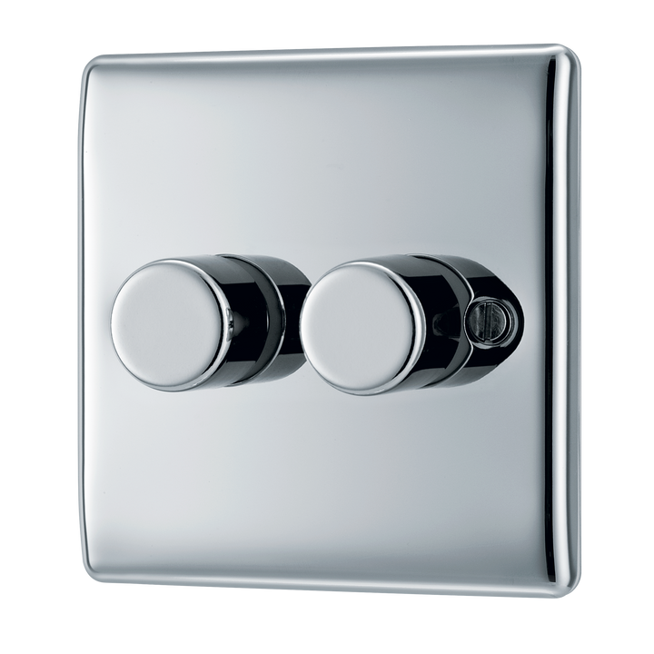 NPC82 Front - This trailing edge double dimmer switch from British General allows you to control your light levels and set the mood. The intelligent electronic circuit monitors the connected load and provides a soft-start with protection against thermal