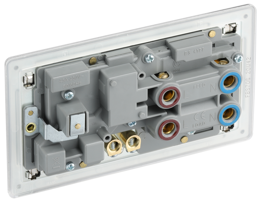 FBS70G Back - This 45A cooker control unit from British General includes a 13A socket for an additional appliance outlet and has flush LED indicators above the socket and switch.