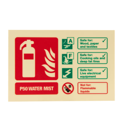 Extinguishers & Equipment: Photoluminescent P50 Water Mist Fire Extinguisher ID Signs Rigid PVC 2ltr A+F (and Electrical) / Portrait (200 x 75mm) by UltraFire (Safelincs-CSPW2RP)