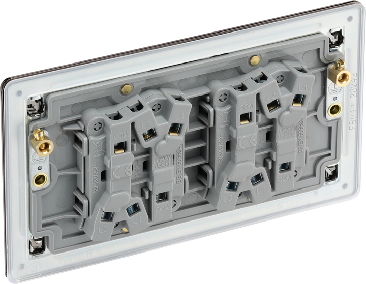 FBN44 Back - This Screwless Flat plate black nickel finish 20A 16AX quadruple light switch from British General can operate 4 different lights whilst the 2 way switching allows a second switch to be added to the circuit to operate the same light from another location (e.g. at the top and bottom of the stairs).